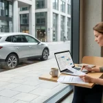 Donna seduta vicino alla vetrata di un bar consulta e confronta preventivi di assicurazione auto sul computer portatile.