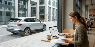 Donna seduta vicino alla vetrata di un bar consulta e confronta preventivi di assicurazione auto sul computer portatile.