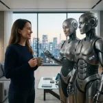 Robot umanoidi in una casa moderna sembrano interagire naturalmente con una donna.