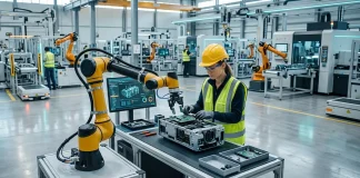 Esempio di robotica industriale in azienda con robot che affianca una operatrice nell'assemblaggio di un dispositivo.