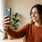 Una giovane donna con espressione spontanea e sorriso naturale mentre si scatta un selfie con lo smartphone.