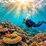 Esplorazione subacquea di una coloratissima barriera corallina in acque turchesi, circondata da pesci tropicali e illuminata dai raggi del sole.