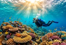 Esplorazione subacquea di una coloratissima barriera corallina in acque turchesi, circondata da pesci tropicali e illuminata dai raggi del sole.