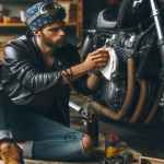 Motociclista che fa manutenzione con accessori della moto