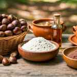 Castagne con farina, zuppe e bottiglia di liquore