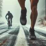 Ciclista e runner che amano allenarsi al freddo su strada ghiacciata
