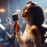 Cantante che canta canzoni natalizie sul palco