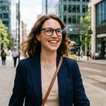 Persona sorridente che indossa occhiali smart con indicazioni tridimensionali di un messaggio