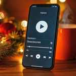 Smartphone con playlist di natale in contesto natalizio