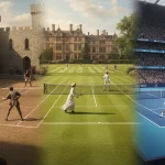 Campo da tennis che attraversa le epoche: scena medievale, prato ottocentesco e stadio moderno con campioni contemporanei.