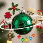 Immagine di palla natalizia che rappresenata il natale nel mondo con simboli tutto attorno