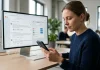 Una persona analizza messaggi su vari dispositivi, evocando il tema della moderazione dei contenuti online.