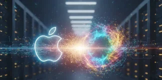 Immagine futuristica dell'Apple Intelligence in un futuro di AI cloud
