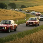 Raduno d'auto d'epoca su strada di campagna assolata