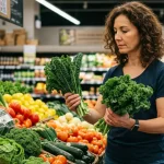 Donna che acquista vedura in un supermercato bio
