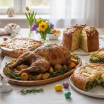 Tavola imbandita con menu di Pasqua con lasagne, agnello arrosto, casatiello, torta pasqualina, colomba e pastiera