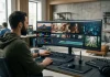 Persona che monta filmati davanti a un monitor utilizzando sistemi di generazione automatica sul modello di google veo.