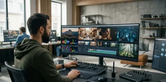 Persona che monta filmati davanti a un monitor utilizzando sistemi di generazione automatica sul modello di google veo.