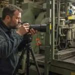 Fotografo scatta immagine di fotografia industriale a macchinario in fabbrica