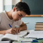 Studente seduto a un banco in un’aula scolastica all'esame di maturità