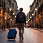 Viaggiatore che cammina lentamente in una città. Atmosfera contemplativa, valigia leggera, concetto di turismo esperienziale e viaggi lenti.