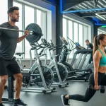 Uomo e donna che si allenano in palestra moderna con pesi e macchine