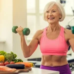 Signora che contrasta la sarcopenia con un allenamento con pesi e dieta bilanciata