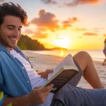 Persona che sta facendo una vacanza rigenerante su una spiaggia al tramonto con un libro e degli amici