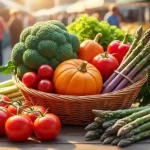 Un cesto colorato di verdure di stagione su un tavolo rustico