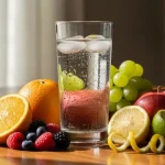 Un bicchiere d’acqua fresca su un tavolo con frutta colorata per idratarsi bene