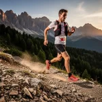 Una persona fa trail running su un sentiero di montagna roccioso al tramonto tra boschi e cime innevate