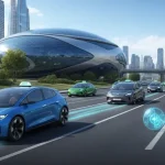Immagine futuristica dell’auto del futuro: veicoli elettrici, taxi autonomi e car sharing in una città intelligente e sostenibile.