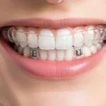 Un sorriso con strumenti ortodontici e apparecchi per raddrizzare i denti storti.