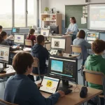 Immagine sull'istruzione con aula scolastica moderna con computer, tablet sui banchi e lavagna interattiva