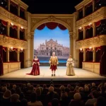 Immagine di un elegante teatro italiano con palco illuminato, platea con spettatori.