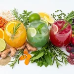 Immagine di bicchieri di bevande energetiche naturali con frutta, erbe e spezie fresche attorno.