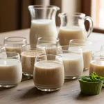 Immagine di un tavolo con diverse bevande vegetali in bicchieri trasparenti