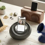 Immagine che cattura l'essenza dei diffusori passivi per smartphone eco-friendly, con un mix di materiali naturali e un'atmosfera rilassante