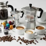 Capsule, cialde e moka su un tavolo bianco, con tazze di espresso fumante e chicchi di marche di caffè sparsi