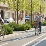 Immagine sulla mobilità ciclistica con ciclisti urbani che pedalano su una ciclabile