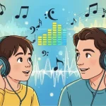 Illustrazione digitale sull'orecchio musica con bambino e un adulto che ascoltano musica con cuffie, note fluttuanti e grafici di frequenze.