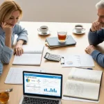 Famiglia serena riunita attorno a un tavolo, che studia strategie di risparmio familiare