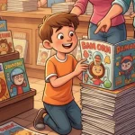 Bambino legge rivista inginocchiato davanti a pila di riviste per bambini