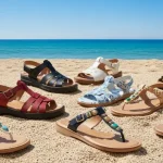 Foto di sandali estivi uomo e donna su spiaggia sabbiosa