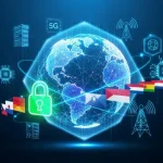 Immagine futuristica che rappresenta la sovranità digitale: un globo digitale con connessioni, dati e simboli di tecnologia