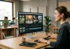 Una producer di video AI in uno studio di produzione moderno davanti a un monitor di computer mentre monta alcune scene di filmati.