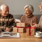 Nonni anziani aprono regali di Natale seduti a un tavolo