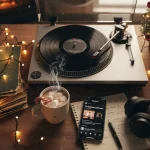 Scenografia natalizia con giradischi, vinile e smartphone con playlist con musica di Natale