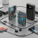 Power bank ad alta tecnologia con intorno vari dispositivi in carica.