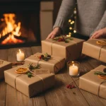 Regali di Natale solidali con decorazioni naturali, atmosfera calda natalizia.